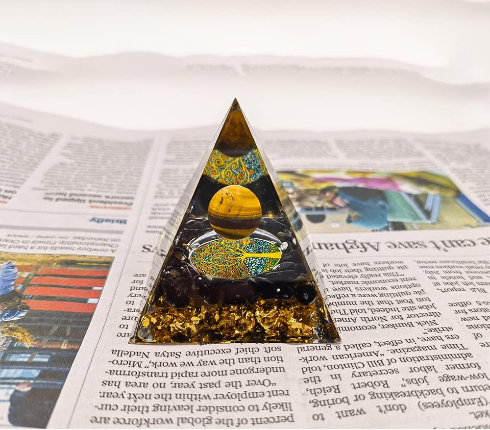 Crystal Pyramid Reiki Crystals Desk Decor for Women Aquamarine Crystals Black Torminline Crystal Spiritual Items(Black Gold)