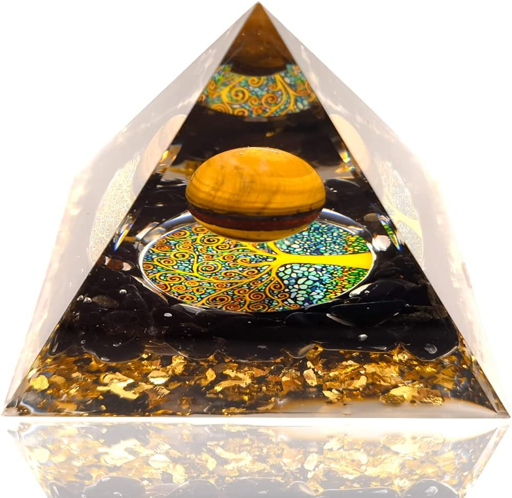 Crystal Pyramid Reiki Crystals Desk Decor for Women Aquamarine Crystals Black Torminline Crystal Spiritual Items(Black Gold)
