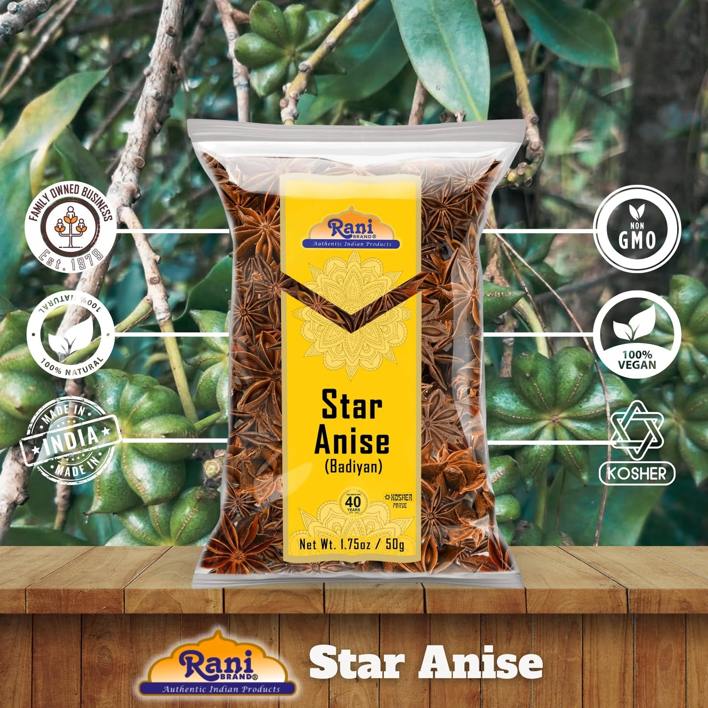 Rani Star Anise Seeds, Whole Pods (Badian Khatai) Spice 1.75Oz (50G) ~ All Natural | Gluten Friendly | NON-GMO | Kosher | Vegan | Indian Origin