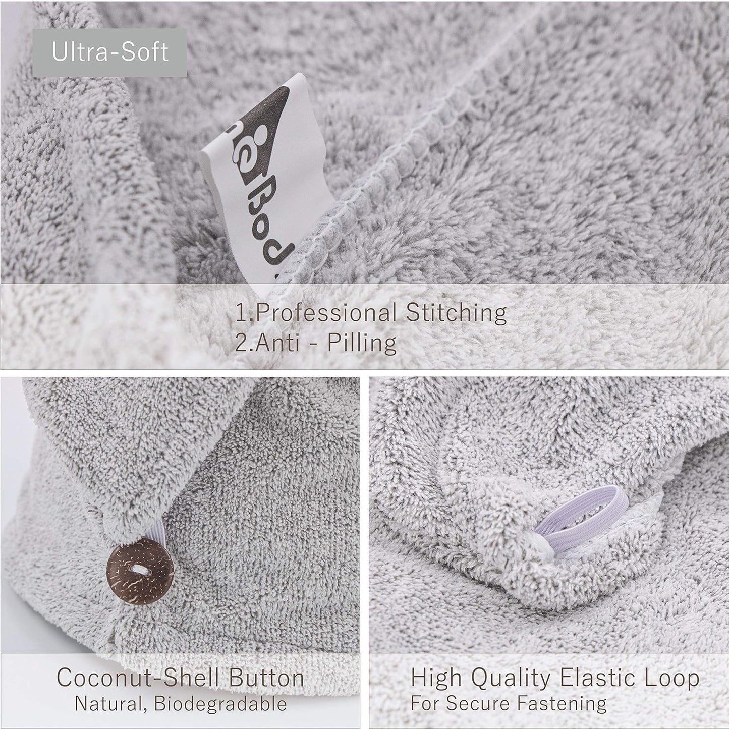 Hair Towel Wrap, Luxury Quick Drying Turban, Ultra Soft Absorbent Charcoal Fiber Cap, with Coconut Shell Button – Gray