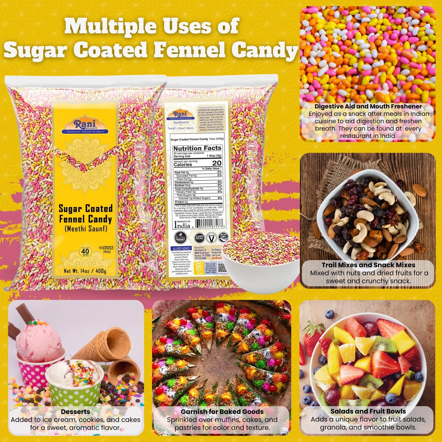 Rani Sugar Coated Fennel Candy 14Oz (400G) ~ Indian after Meal Digestive Treat | Vegan | Gluten Friendly | NON-GMO | Kosher | Indian Origin