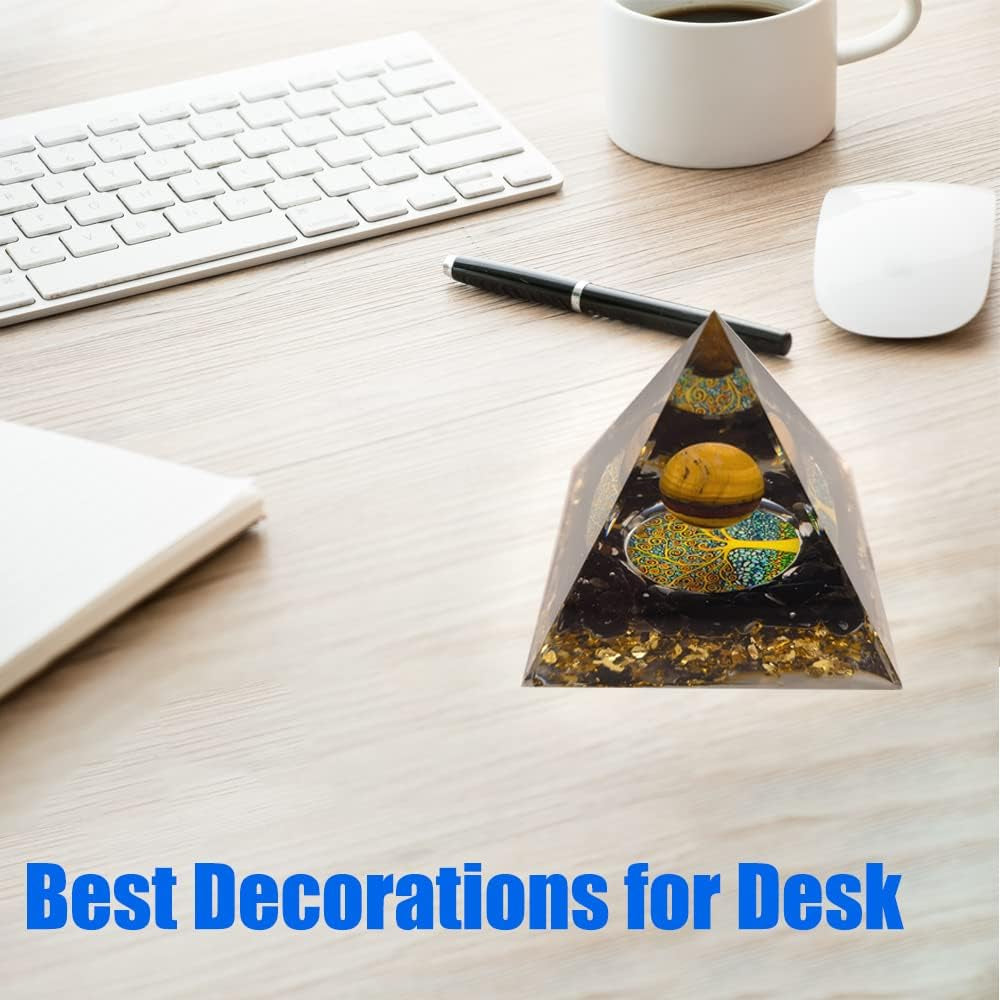 Crystal Pyramid Reiki Crystals Desk Decor for Women Aquamarine Crystals Black Torminline Crystal Spiritual Items(Black Gold)