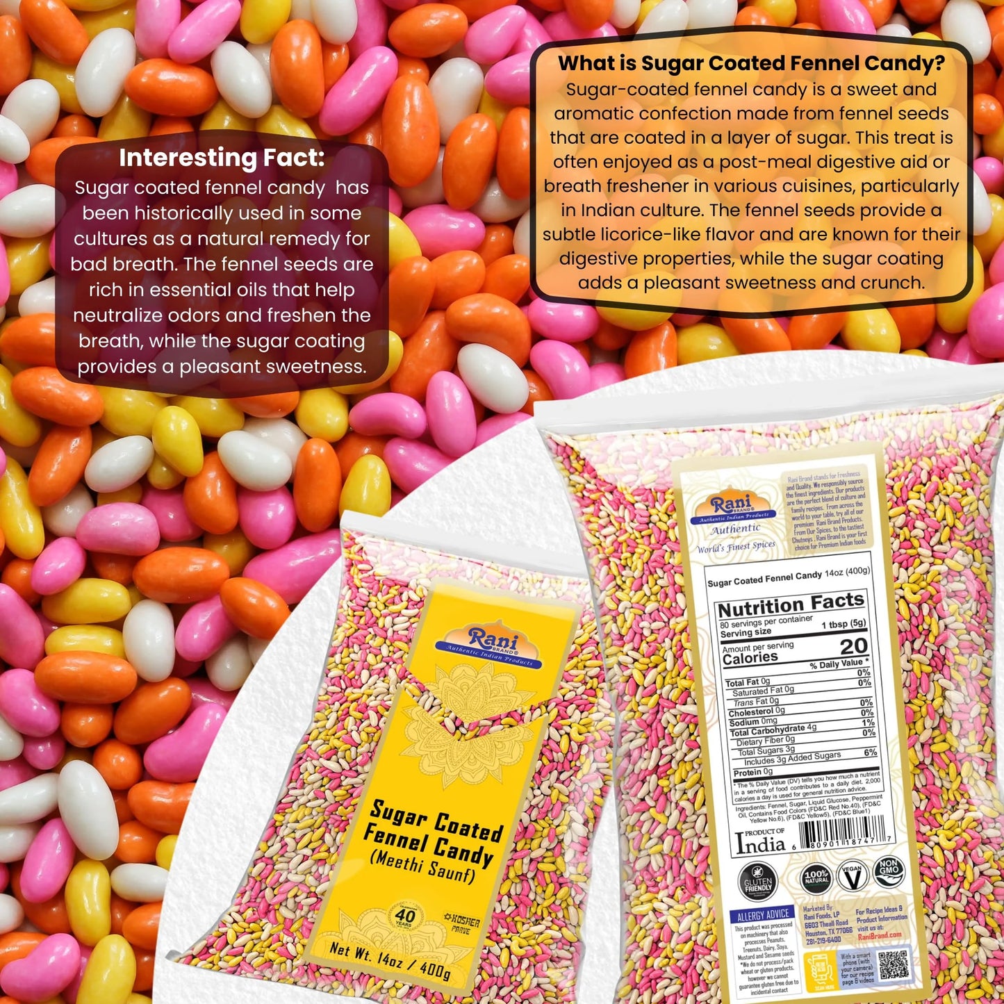 Rani Sugar Coated Fennel Candy 14Oz (400G) ~ Indian after Meal Digestive Treat | Vegan | Gluten Friendly | NON-GMO | Kosher | Indian Origin