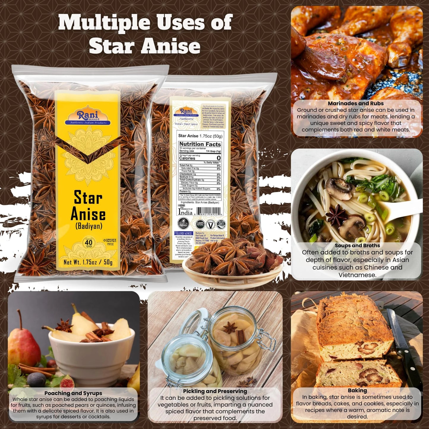 Rani Star Anise Seeds, Whole Pods (Badian Khatai) Spice 1.75Oz (50G) ~ All Natural | Gluten Friendly | NON-GMO | Kosher | Vegan | Indian Origin