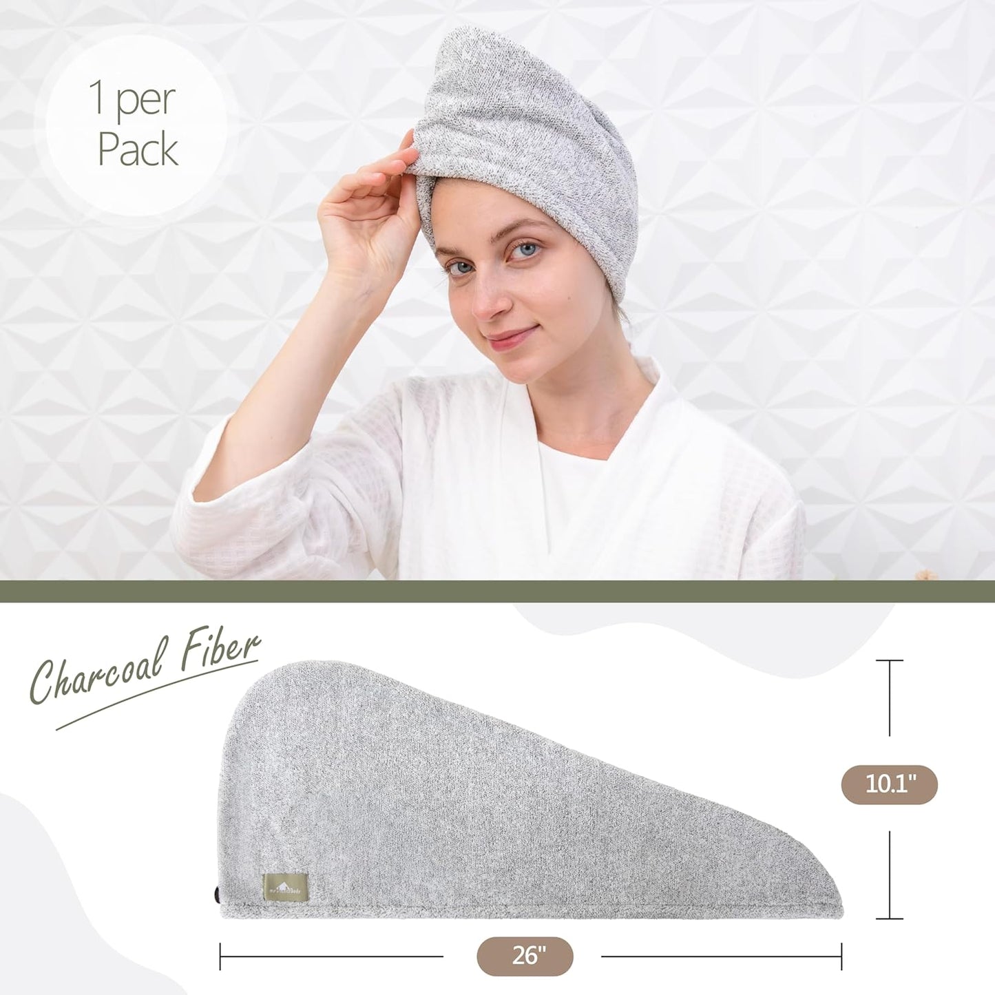 Hair Towel Wrap, Luxury Quick Drying Turban, Ultra Soft Absorbent Charcoal Fiber Cap, with Coconut Shell Button – Gray