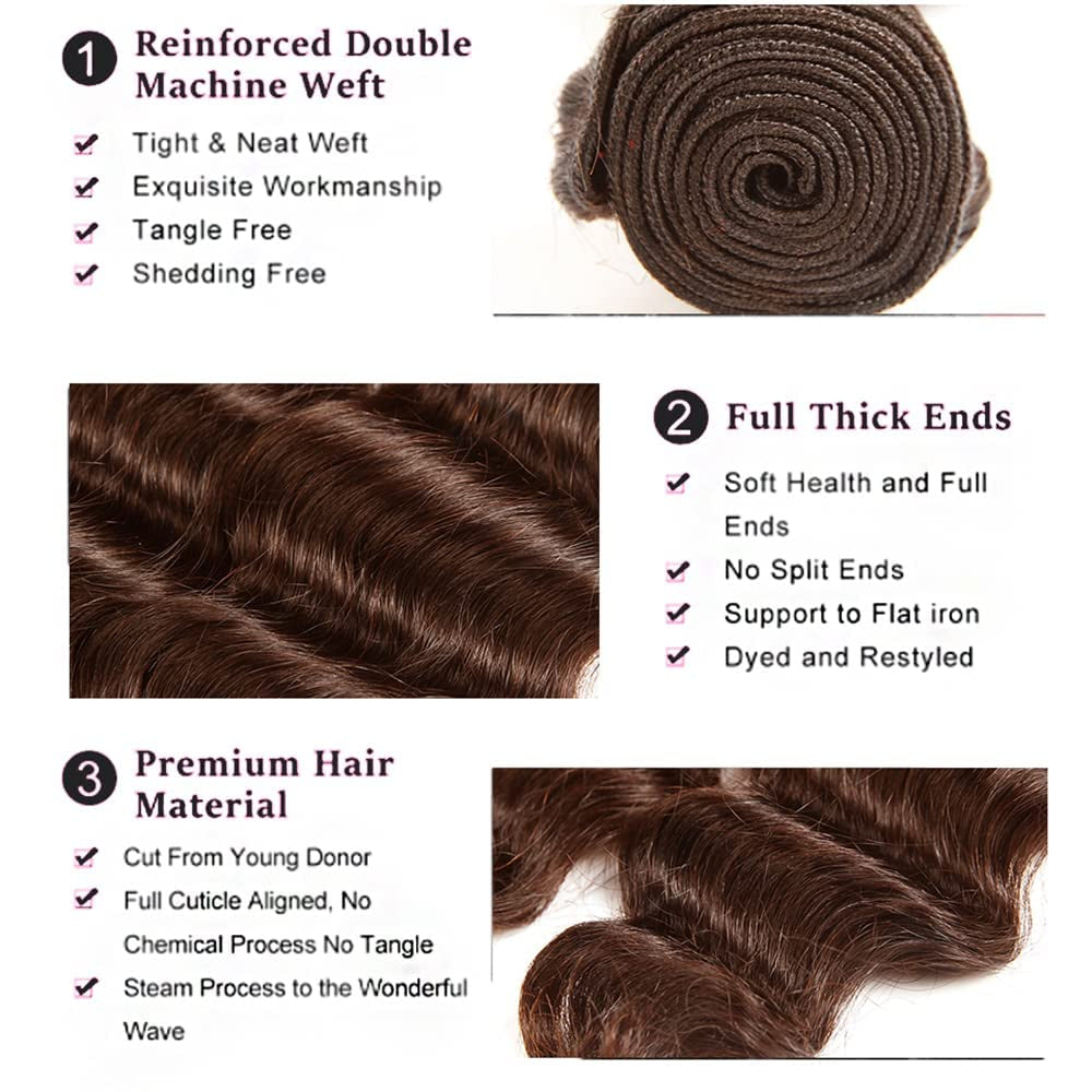 22 24 26 Inch Brown Bundles Light Brown Deep Wave Bundles Human Hair Chocolate Dark Brown Bundles Unprocessed Brazilian Human Hair Extension for Black Women 3 Bundles #4 Bundles