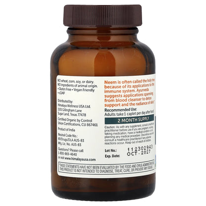 Organic Neem Herbal Skin Supplement, Mild Acne Supplement, Clear Skin, Purifying, 60 Plant-Based Caplets