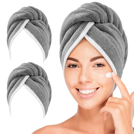 Thicker Microfiber Hair Towels for Women, 2 Pack Hair Drying Towels with Button, Fast Drying Hair Turbans for Wet Hair, Long, Curly Hair,Super Soft Hair Wrap Towels (Grey)