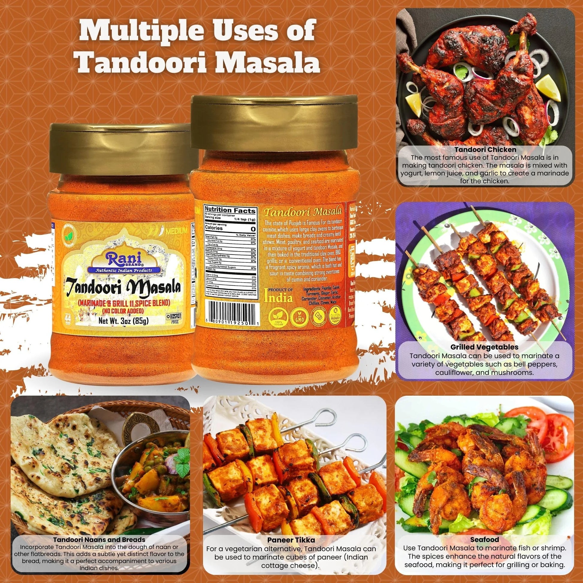 Rani Tandoori Masala (Natural, No Colors Added) Indian 11-Spice Blend 3Oz (85G) PET Jar ~ Salt Free | Vegan | Gluten Friendly | NON-GMO | Kosher | Indian Origin