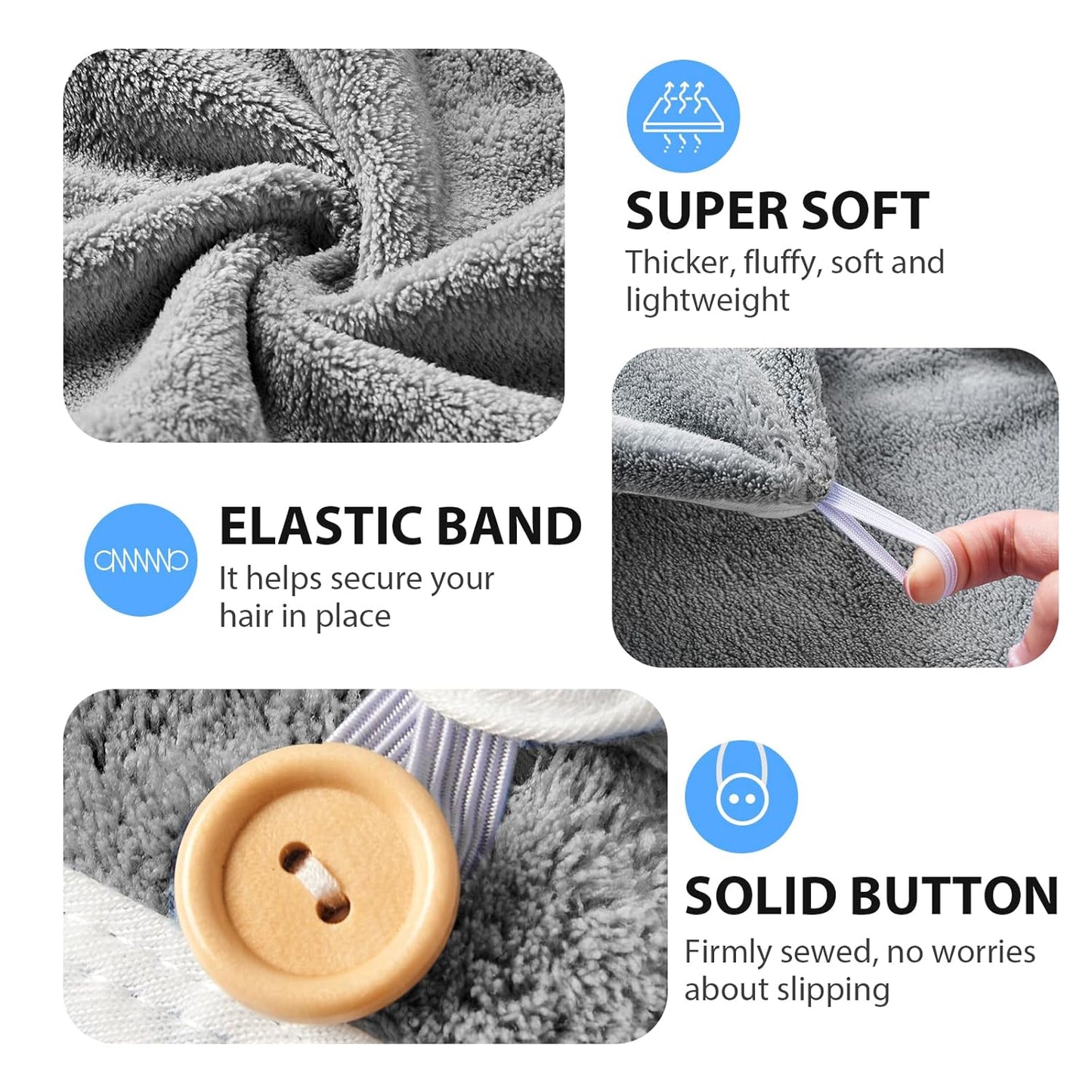Thicker Microfiber Hair Towels for Women, 2 Pack Hair Drying Towels with Button, Fast Drying Hair Turbans for Wet Hair, Long, Curly Hair,Super Soft Hair Wrap Towels (Grey)