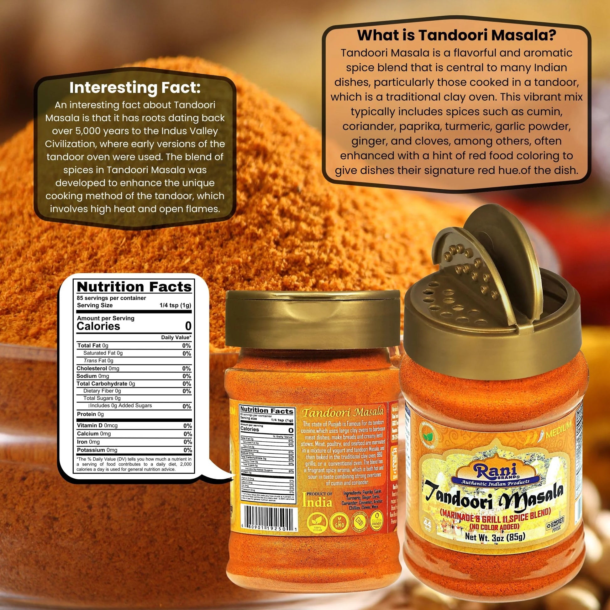 Rani Tandoori Masala (Natural, No Colors Added) Indian 11-Spice Blend 3Oz (85G) PET Jar ~ Salt Free | Vegan | Gluten Friendly | NON-GMO | Kosher | Indian Origin