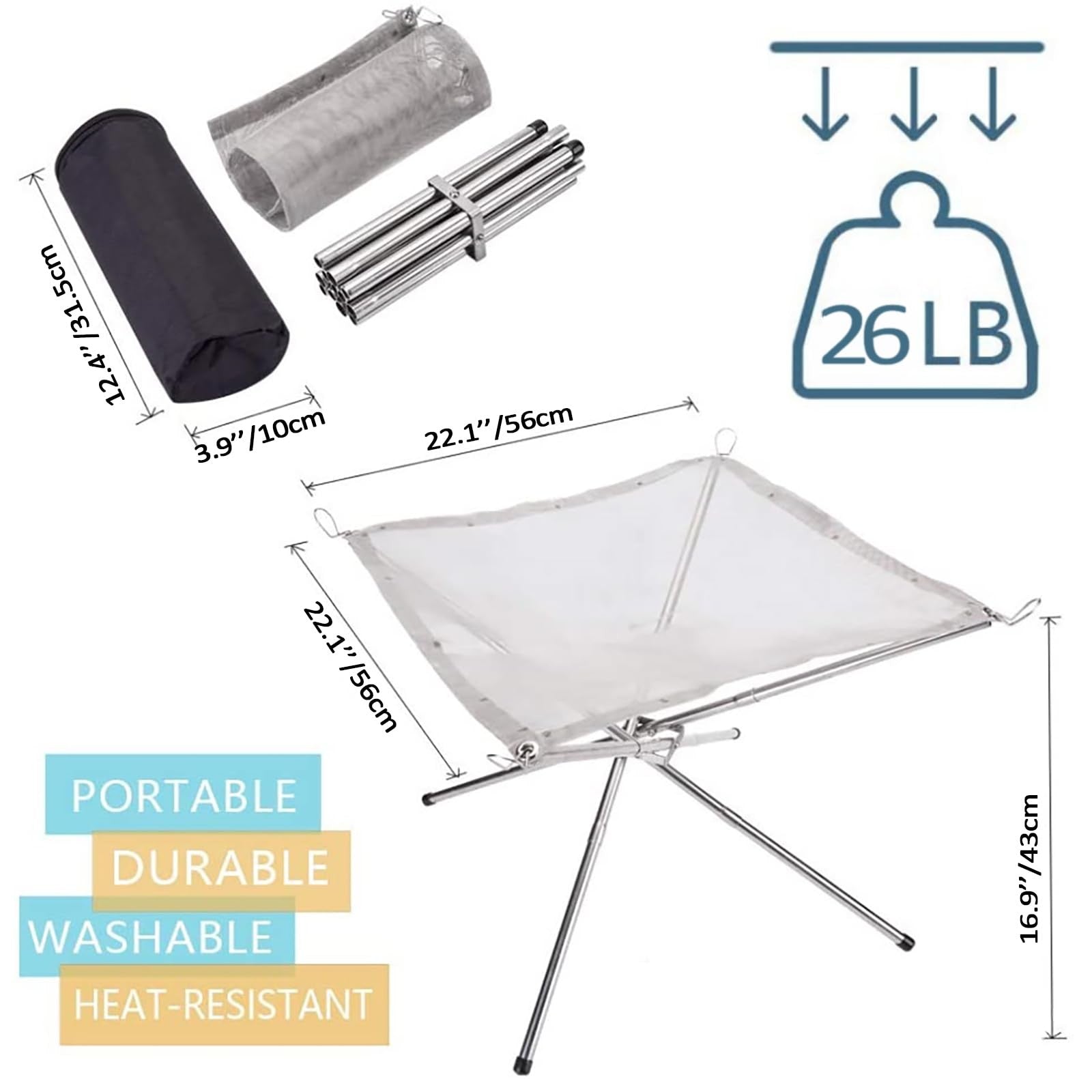 22″Portable Fire Pit for Camping Large Upgrade Collapsing Stainless Steel Mesh
