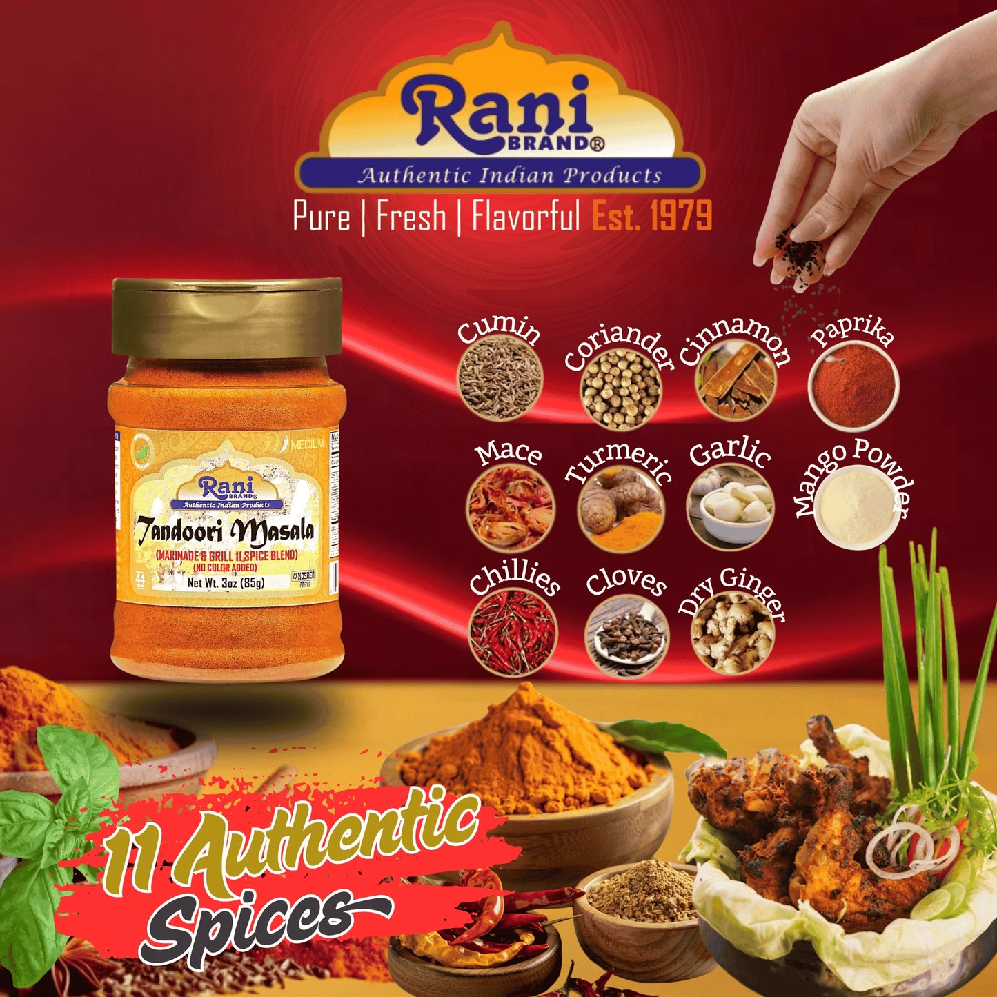 Rani Tandoori Masala (Natural, No Colors Added) Indian 11-Spice Blend 3Oz (85G) PET Jar ~ Salt Free | Vegan | Gluten Friendly | NON-GMO | Kosher | Indian Origin