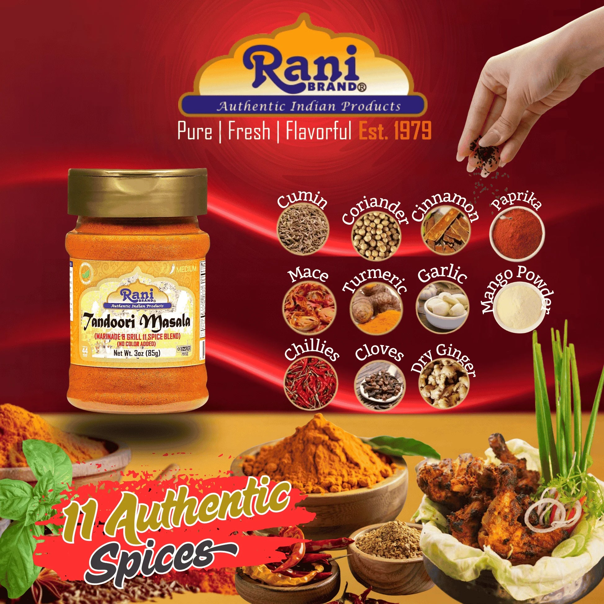 Rani Tandoori Masala (Natural, No Colors Added) Indian 11-Spice Blend 3Oz (85G) PET Jar ~ Salt Free | Vegan | Gluten Friendly | NON-GMO | Kosher | Indian Origin