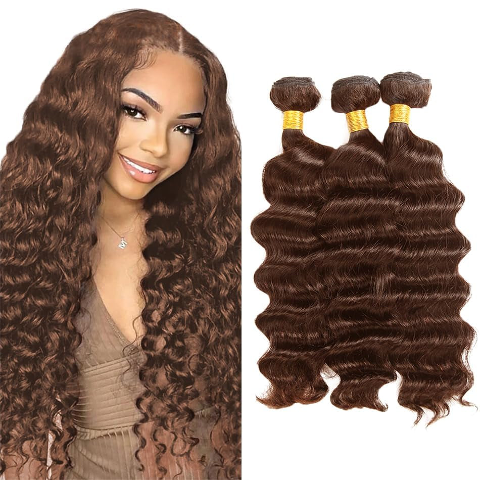 22 24 26 Inch Brown Bundles Light Brown Deep Wave Bundles Human Hair Chocolate Dark Brown Bundles Unprocessed Brazilian Human Hair Extension for Black Women 3 Bundles #4 Bundles