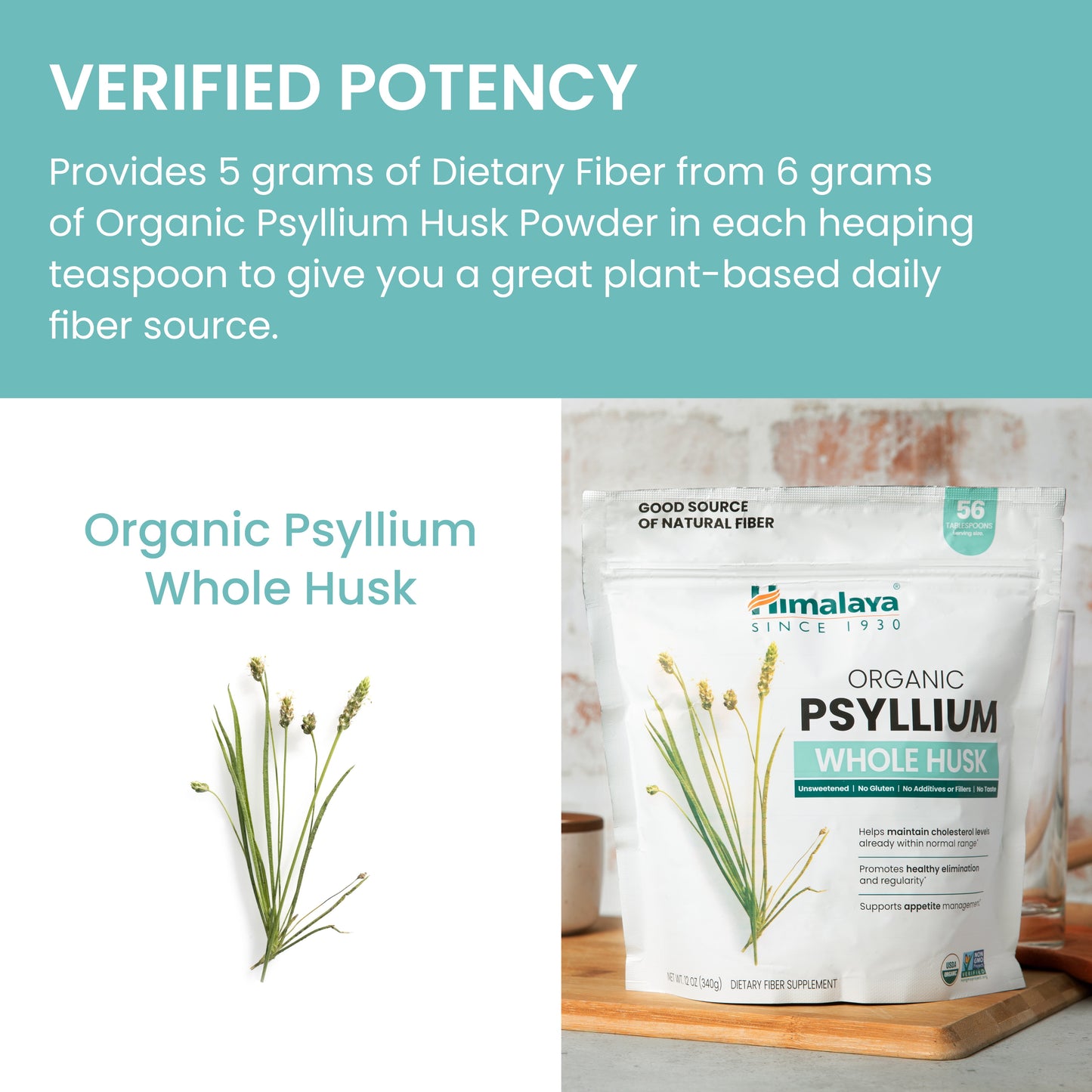 Organic Psyllium Whole Husk for Daily Fiber, Weight Management and Glucose Support, 12 Oz