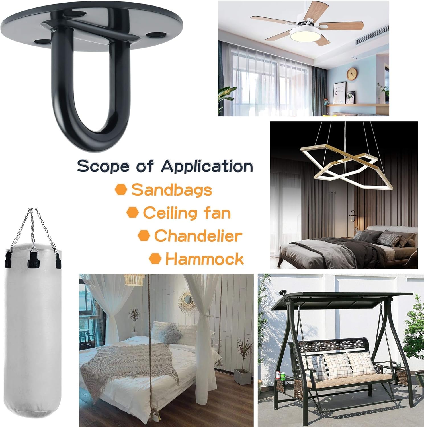 Stainless Steel Black Ceiling Hooks Hammock Swing Hook Hanger Heavy Duty Eyebolt Hanging Kit,Dd004B-4P Pack of 4