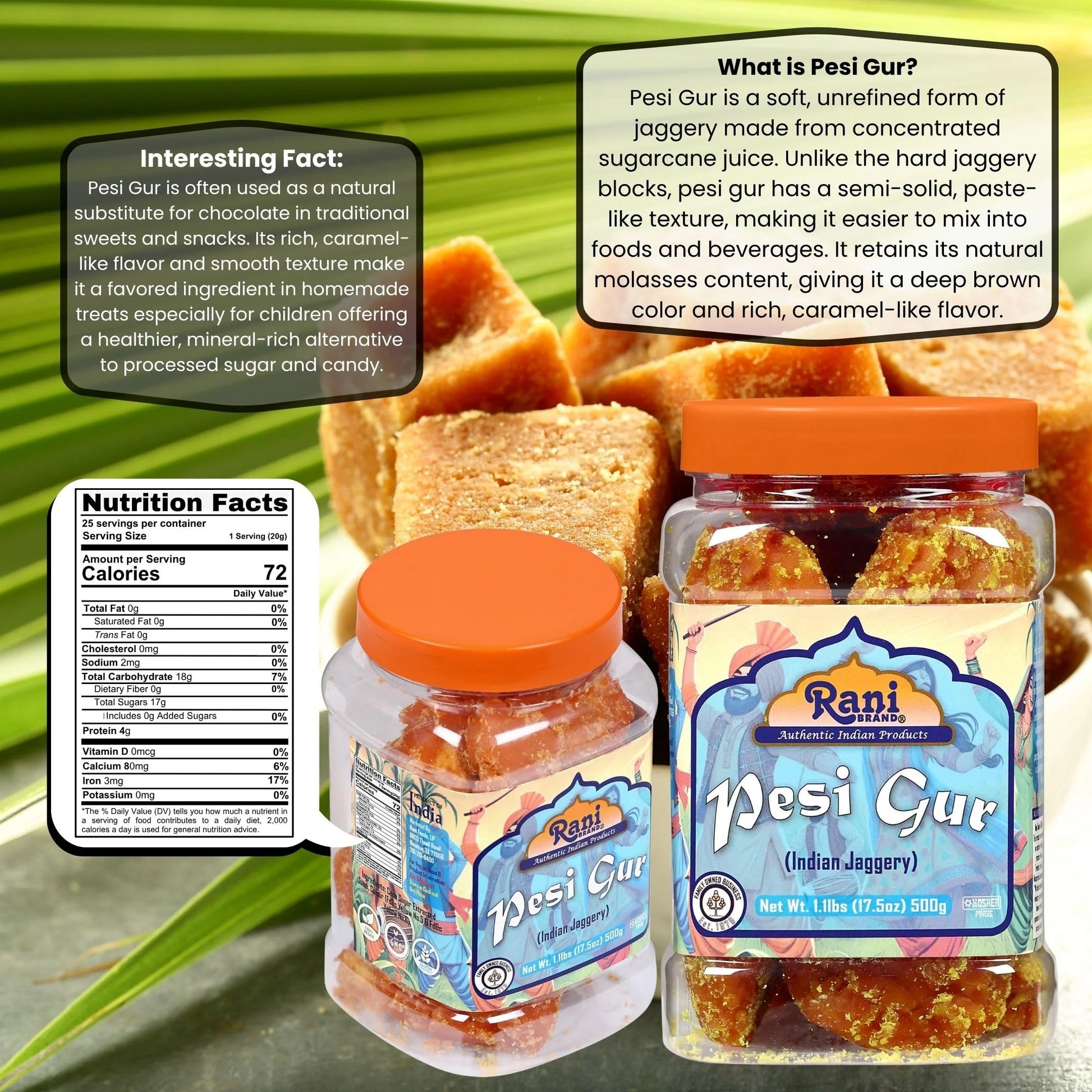 Rani Pesi Gur (Jaggery) Indian Unrefined Raw Cane Sugar 17.5Oz (1.1Lbs) 500G PET Jar ~ Gluten Friendly | Vegan | NON-GMO | Kosher | No Salt or Fillers | Indian Product