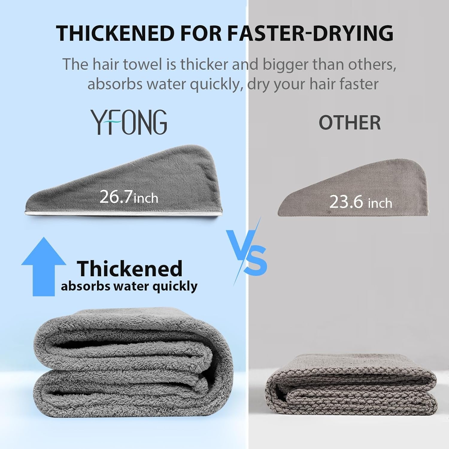 Thicker Microfiber Hair Towels for Women, 2 Pack Hair Drying Towels with Button, Fast Drying Hair Turbans for Wet Hair, Long, Curly Hair,Super Soft Hair Wrap Towels (Grey)