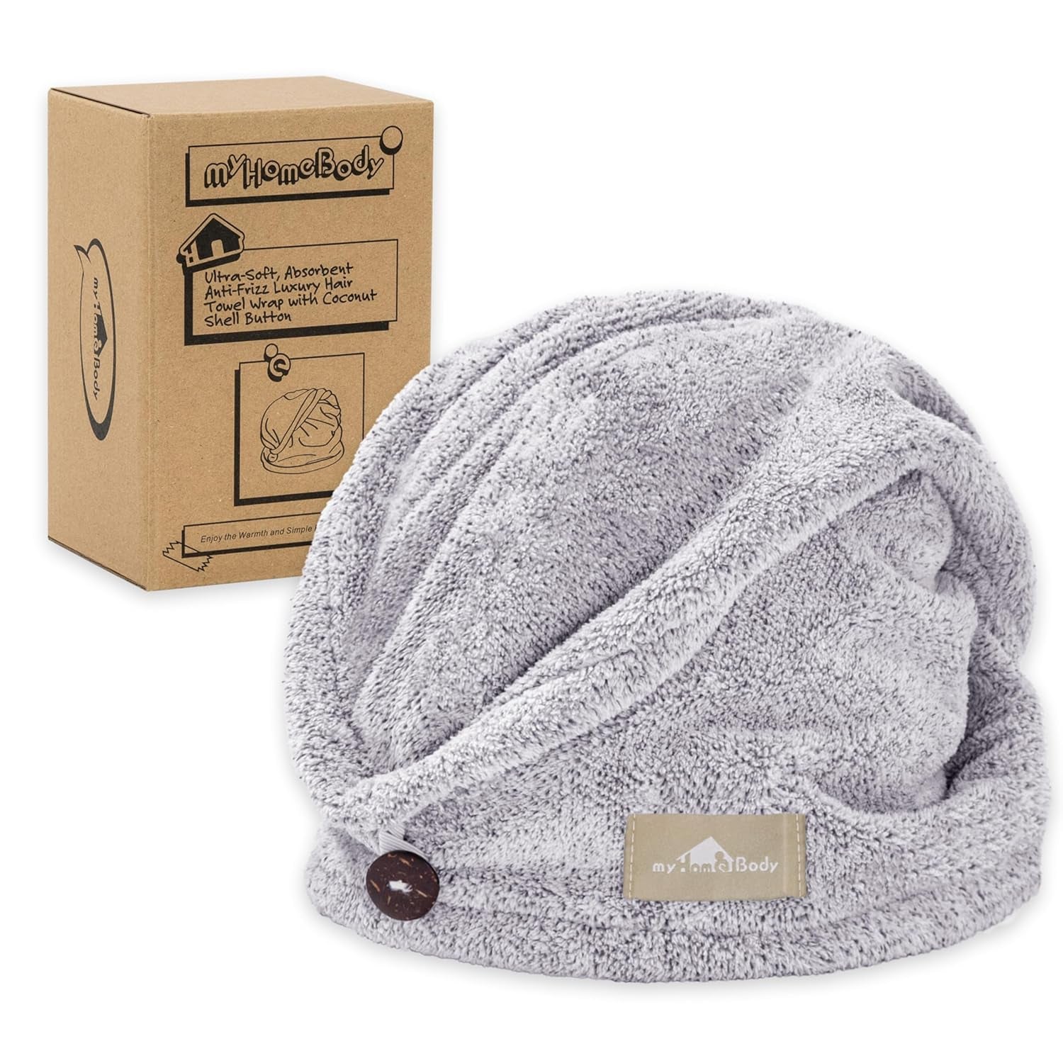 Hair Towel Wrap, Luxury Quick Drying Turban, Ultra Soft Absorbent Charcoal Fiber Cap, with Coconut Shell Button – Gray