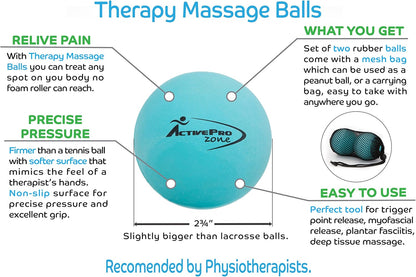 Massage Therapy Balls by  ● Best 4 Deep Pressure, Trigger Point, Myofascial Release & Physical Therapy ● Used in Yoga, Pilates ● Instant Tension & Pain Relief ● Relax Sore Muscles ● Set of 2 Extra Firm Rubber Balls Sized Ø2¾ʺ W/Mesh Bag