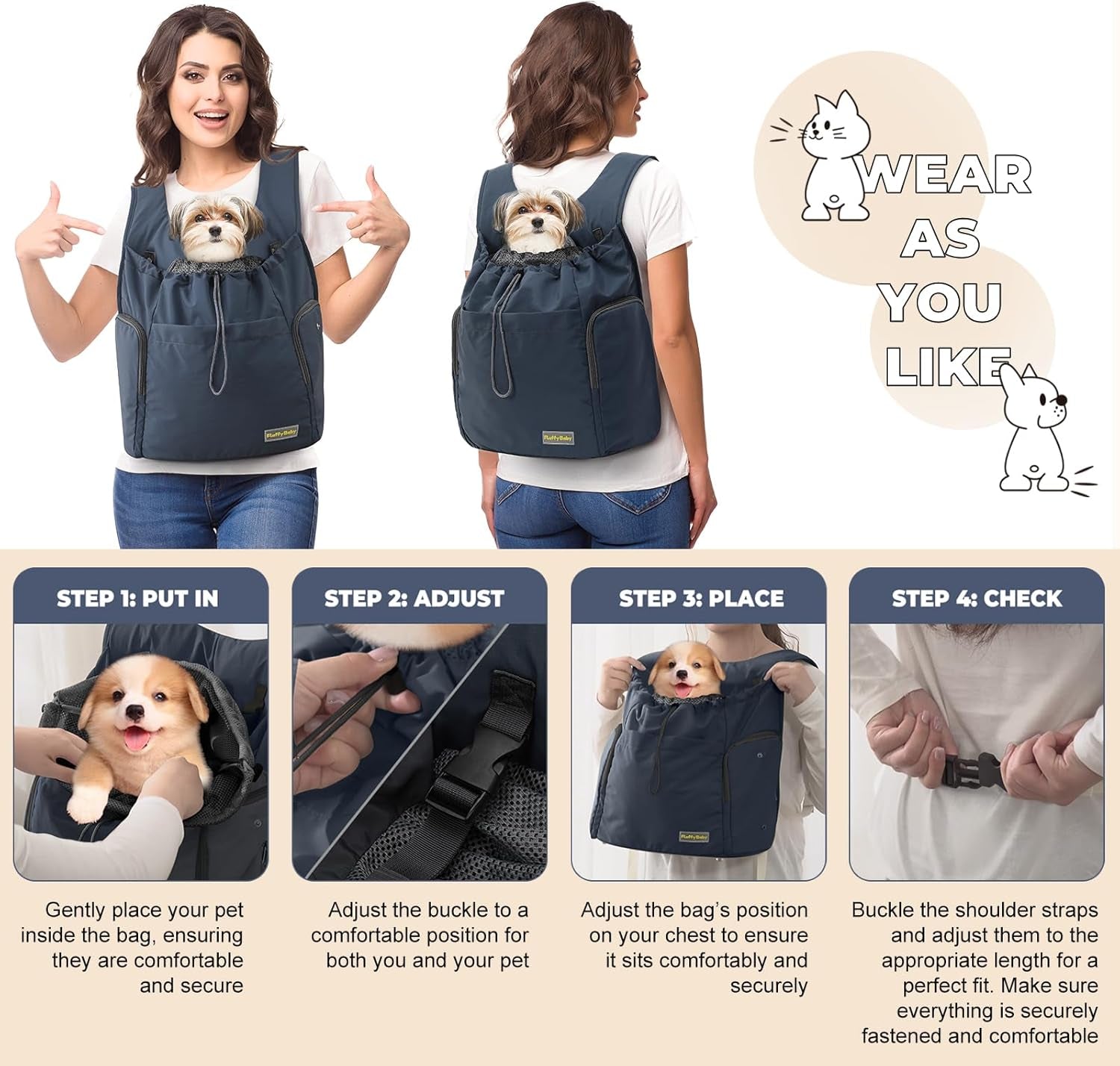 Dog Front Carrier Backpack, Adjustable Pet Dog Carrier Backpack Ventilated Mesh Dog Travel Backpack with Zippered Side Windows for Hiking Traveling for Small Medium Cats Dogs (Max 13 Lbs)