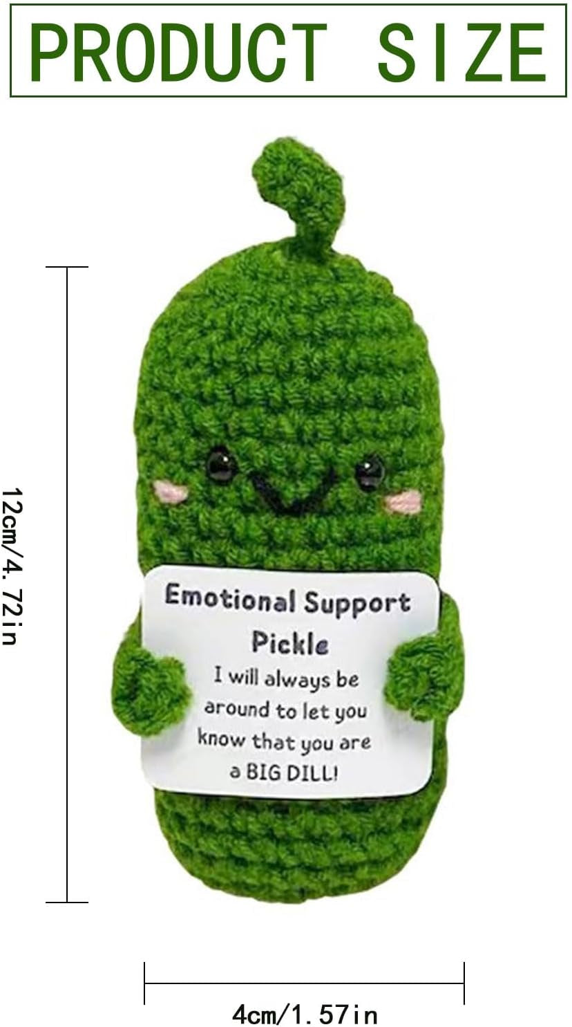 Funny Emotional Support Pickle with Positive Card, Cute Crochet Positive Cucumber Doll, Handmade Gift Knitting Positive Life Cucumber Toy for Christmas Birthday