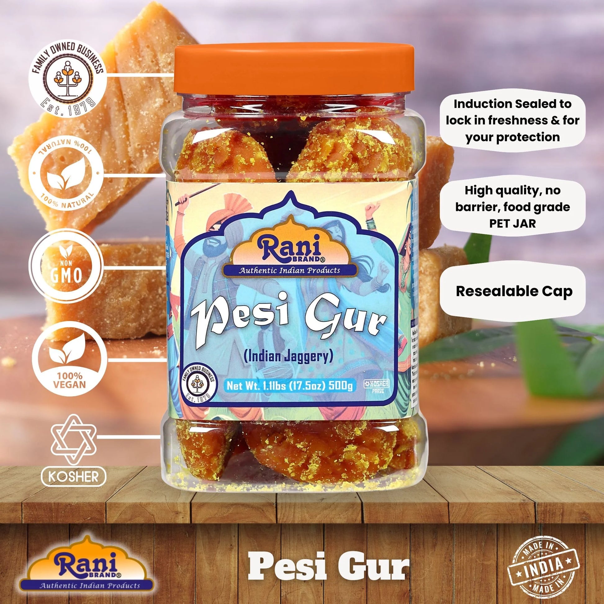 Rani Pesi Gur (Jaggery) Indian Unrefined Raw Cane Sugar 17.5Oz (1.1Lbs) 500G PET Jar ~ Gluten Friendly | Vegan | NON-GMO | Kosher | No Salt or Fillers | Indian Product