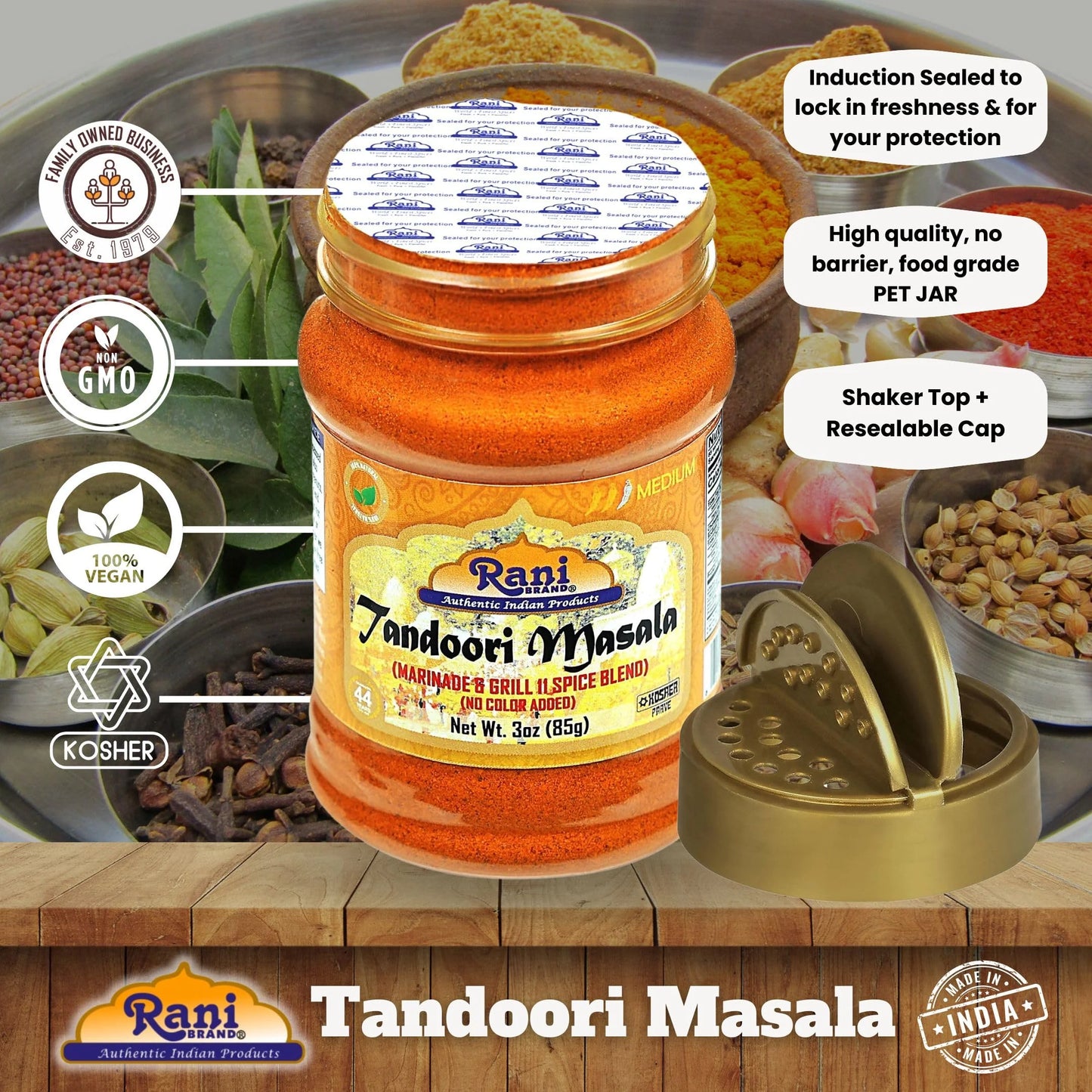 Rani Tandoori Masala (Natural, No Colors Added) Indian 11-Spice Blend 3Oz (85G) PET Jar ~ Salt Free | Vegan | Gluten Friendly | NON-GMO | Kosher | Indian Origin