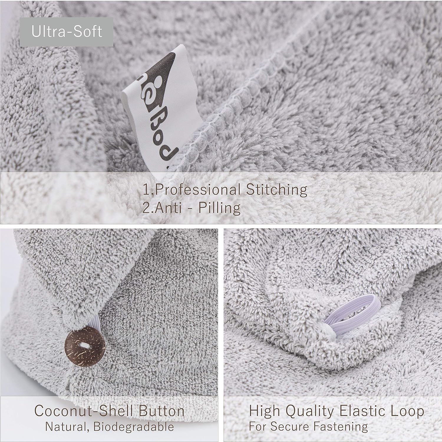 Hair Towel Wrap, Luxury Quick Drying Turban, Ultra Soft Absorbent Charcoal Fiber Cap, with Coconut Shell Button – Gray