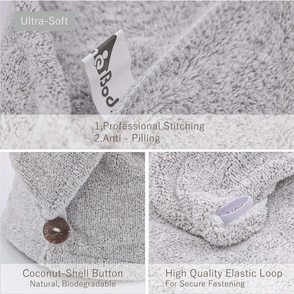 Hair Towel Wrap, Luxury Quick Drying Turban, Ultra Soft Absorbent Charcoal Fiber Cap, with Coconut Shell Button – Gray