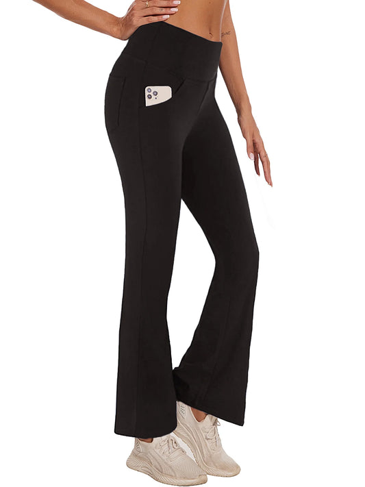 Women Bootcut Yoga Pants with Pockets Female High Waist Bootleg Trousers Workout Activewear Black L
