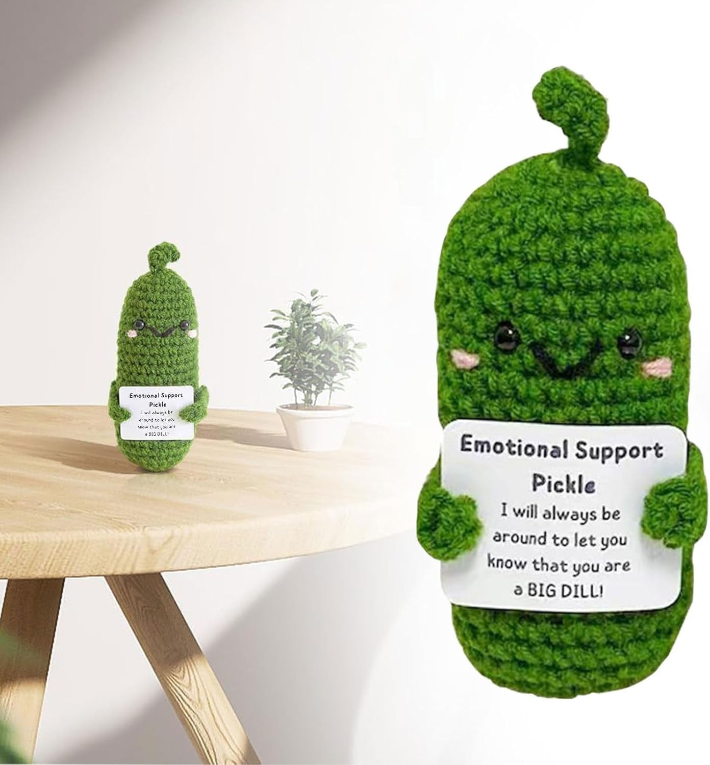 Funny Emotional Support Pickle with Positive Card, Cute Crochet Positive Cucumber Doll, Handmade Gift Knitting Positive Life Cucumber Toy for Christmas Birthday