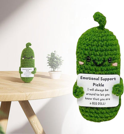 Funny Emotional Support Pickle with Positive Card, Cute Crochet Positive Cucumber Doll, Handmade Gift Knitting Positive Life Cucumber Toy for Christmas Birthday