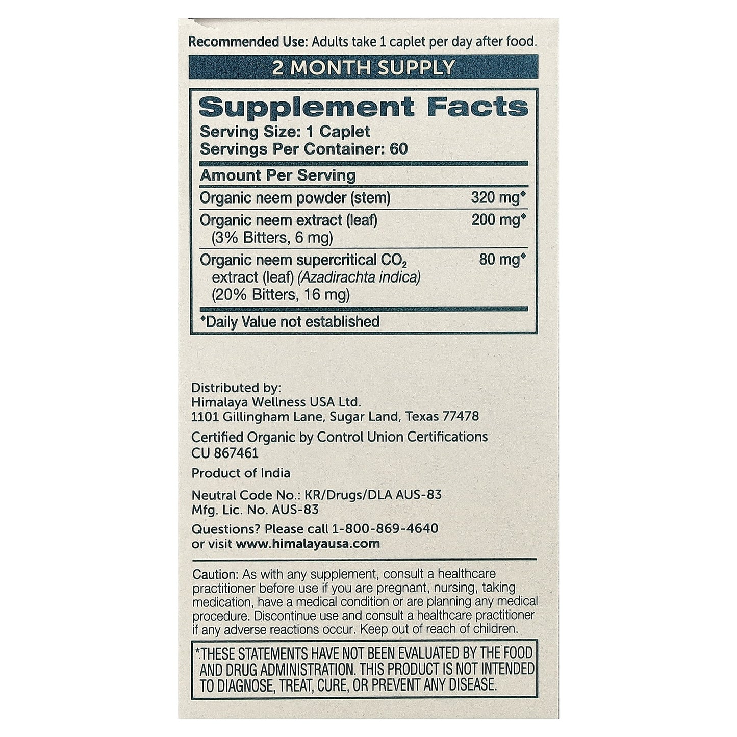 Organic Neem Herbal Skin Supplement, Mild Acne Supplement, Clear Skin, Purifying, 60 Plant-Based Caplets