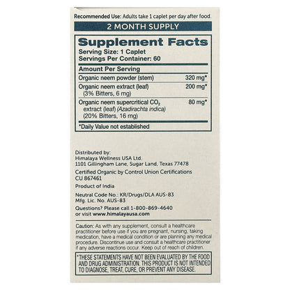 Organic Neem Herbal Skin Supplement, Mild Acne Supplement, Clear Skin, Purifying, 60 Plant-Based Caplets