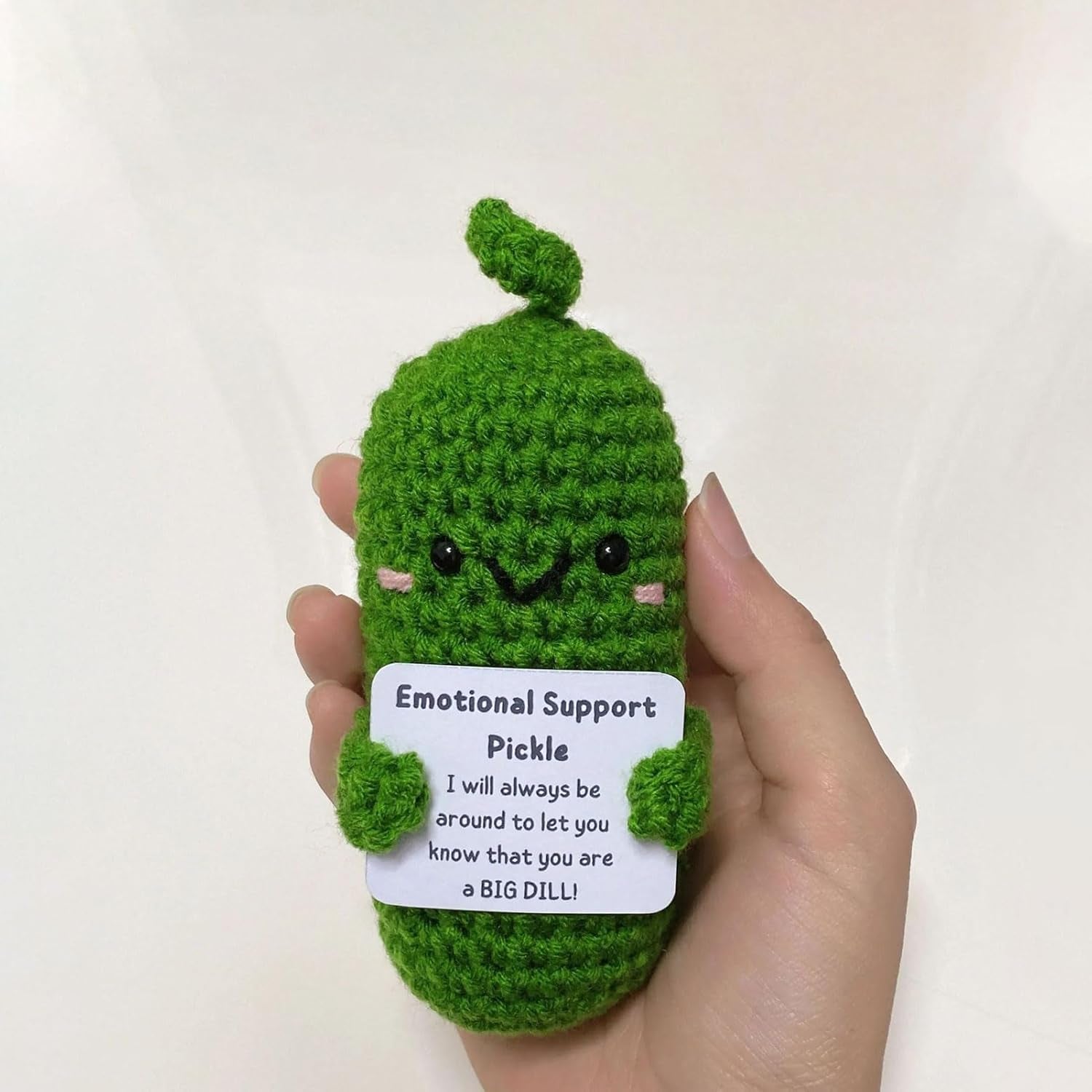 Funny Emotional Support Pickle with Positive Card, Cute Crochet Positive Cucumber Doll, Handmade Gift Knitting Positive Life Cucumber Toy for Christmas Birthday