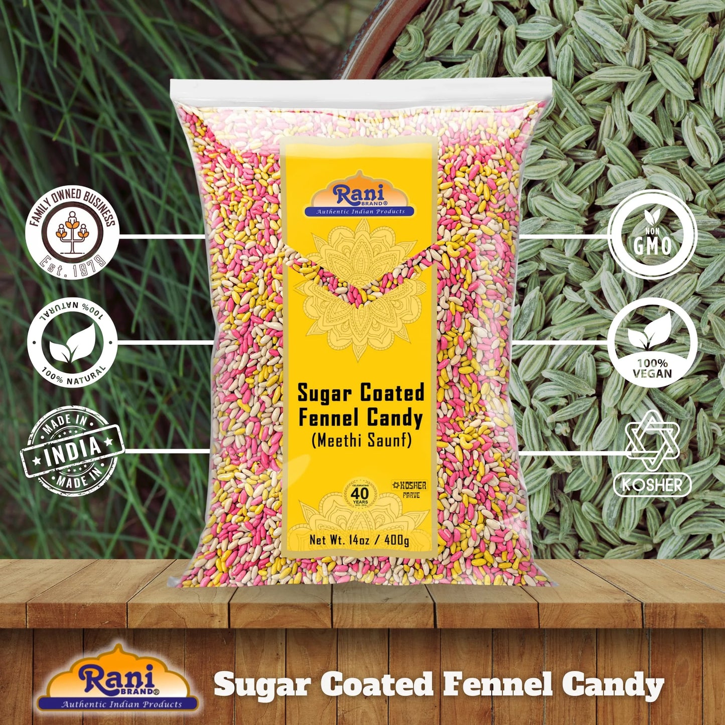 Rani Sugar Coated Fennel Candy 14Oz (400G) ~ Indian after Meal Digestive Treat | Vegan | Gluten Friendly | NON-GMO | Kosher | Indian Origin