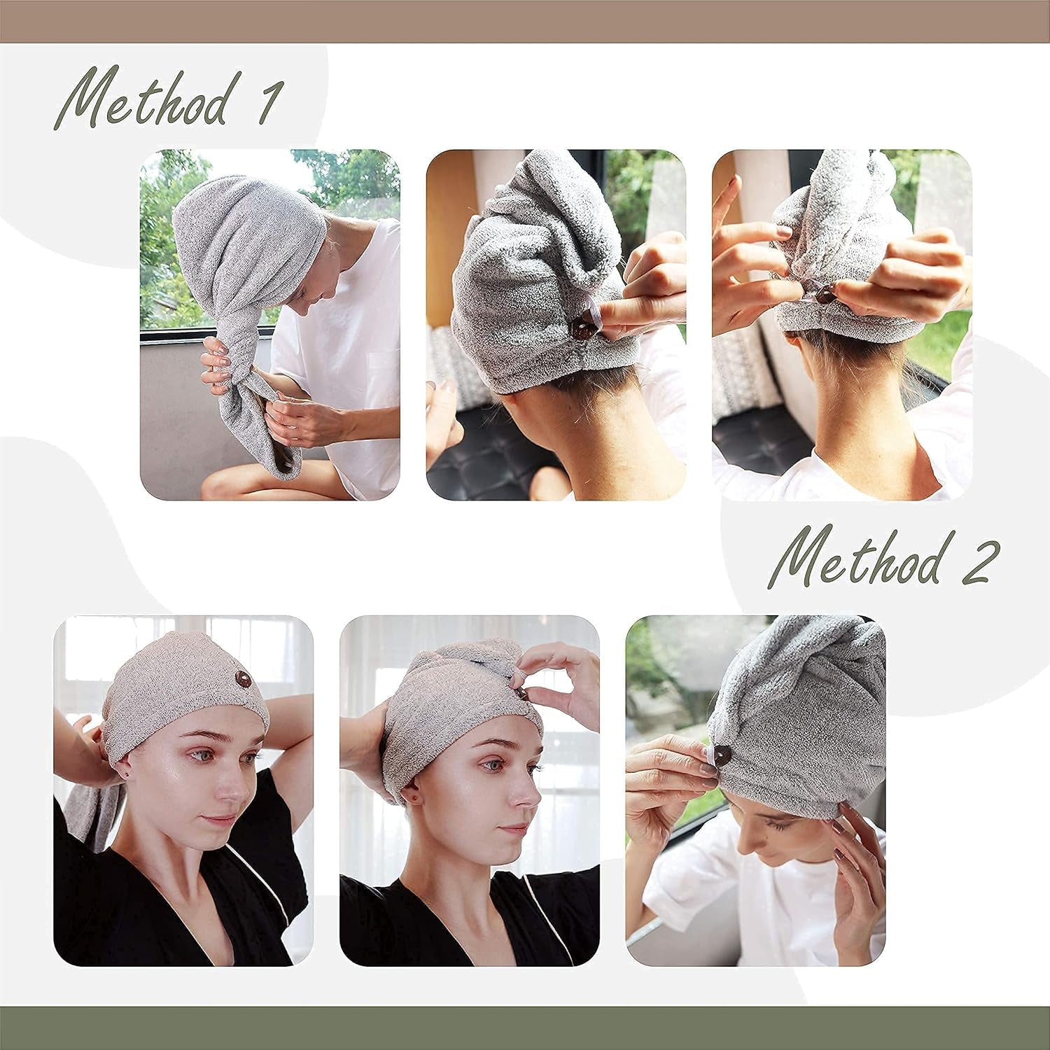 Hair Towel Wrap, Luxury Quick Drying Turban, Ultra Soft Absorbent Charcoal Fiber Cap, with Coconut Shell Button – Gray