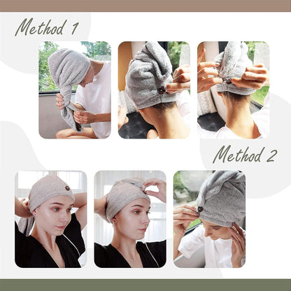 Hair Towel Wrap, Luxury Quick Drying Turban, Ultra Soft Absorbent Charcoal Fiber Cap, with Coconut Shell Button – Gray