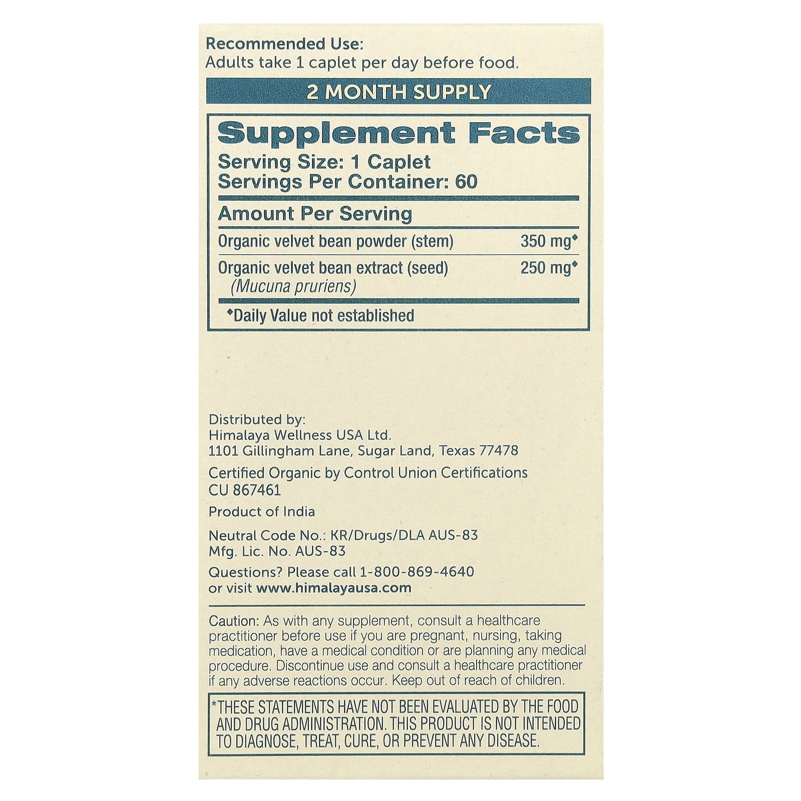 Organic Mucuna/Pruriens Supplement, Supports Relaxation, Tension Relief, 60 Caplets