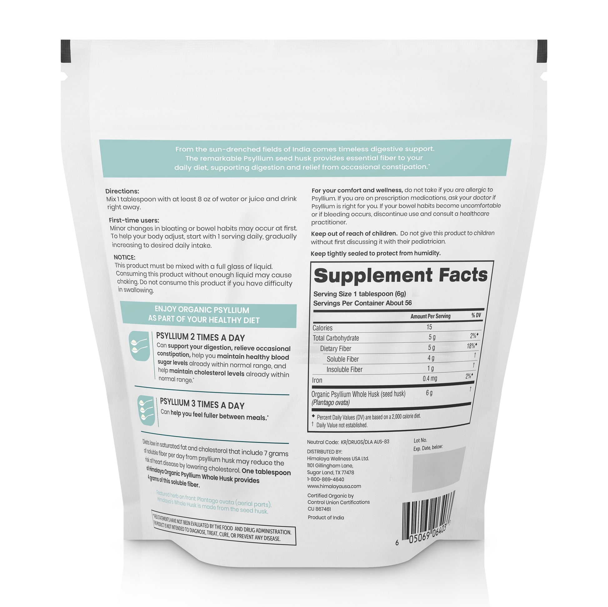 Organic Psyllium Whole Husk for Daily Fiber, Weight Management and Glucose Support, 12 Oz