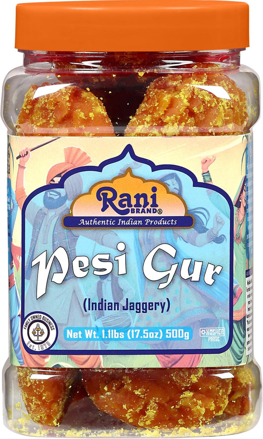 Rani Pesi Gur (Jaggery) Indian Unrefined Raw Cane Sugar 17.5Oz (1.1Lbs) 500G PET Jar ~ Gluten Friendly | Vegan | NON-GMO | Kosher | No Salt or Fillers | Indian Product