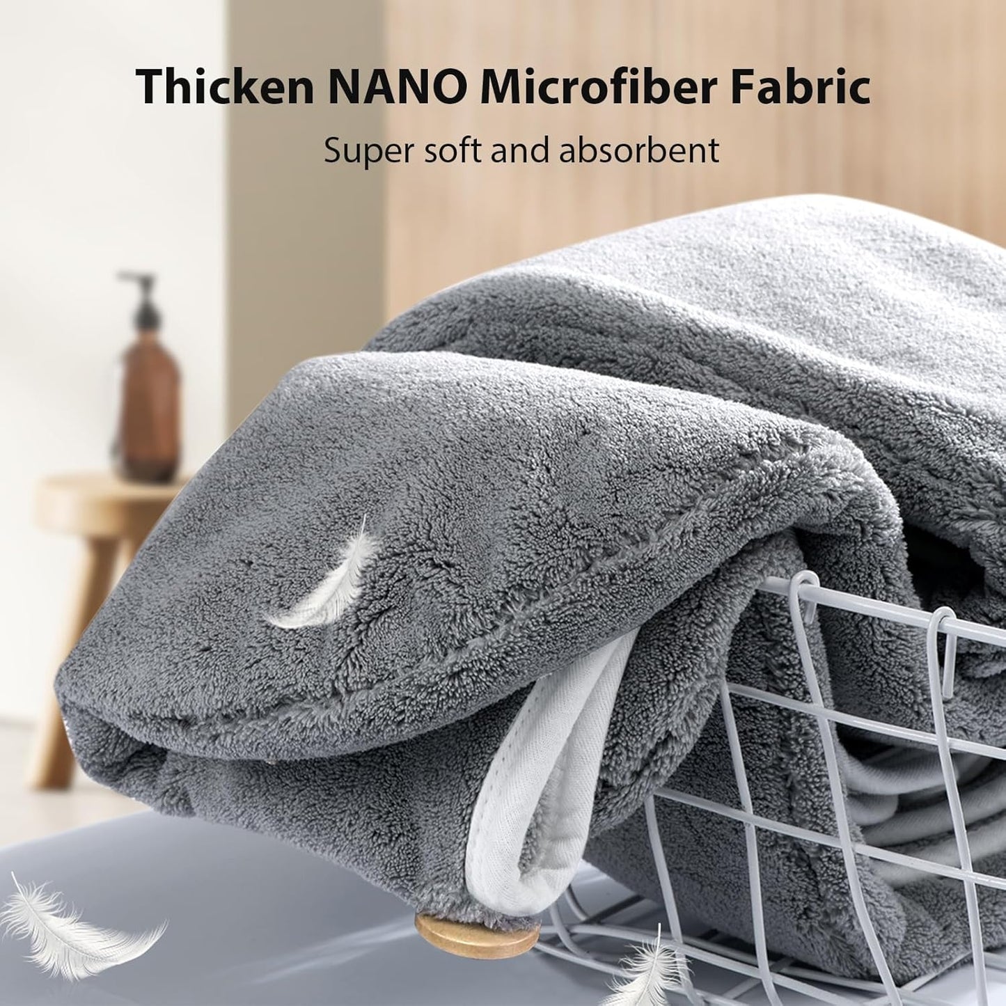 Thicker Microfiber Hair Towels for Women, 2 Pack Hair Drying Towels with Button, Fast Drying Hair Turbans for Wet Hair, Long, Curly Hair,Super Soft Hair Wrap Towels (Grey)