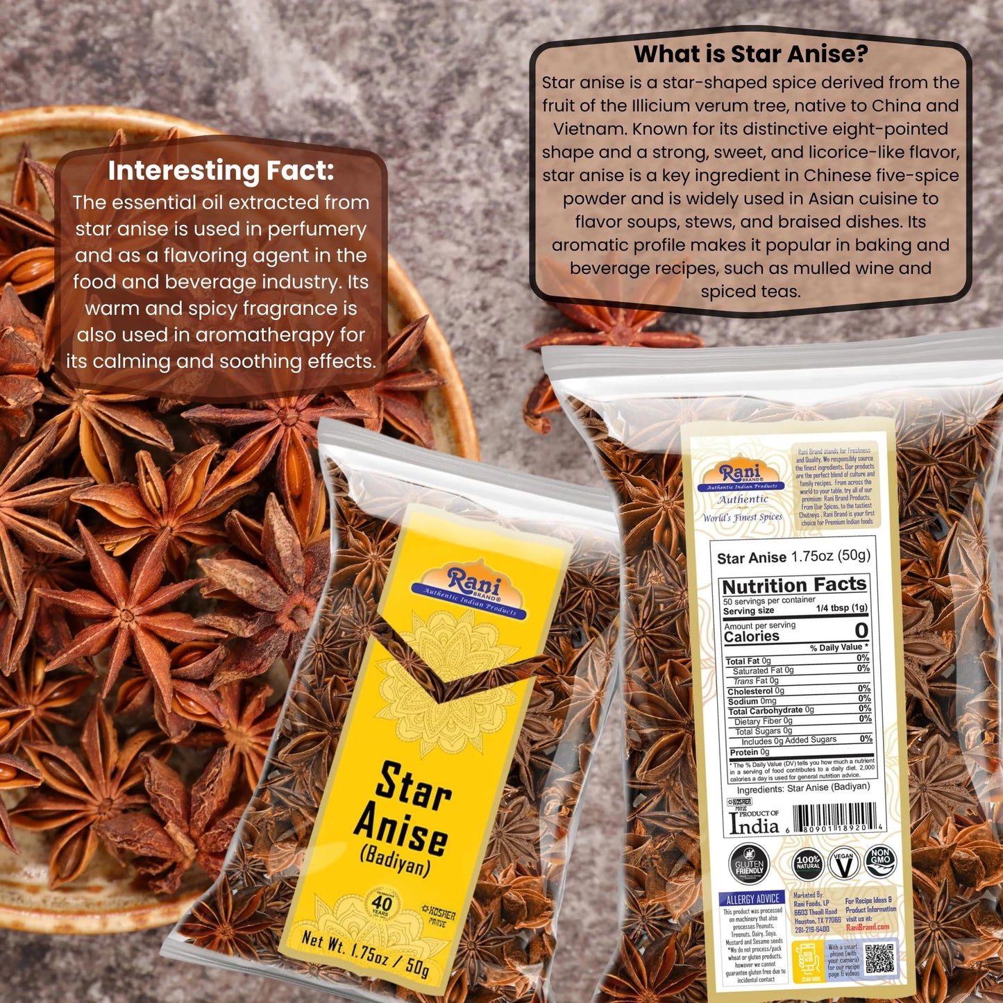 Rani Star Anise Seeds, Whole Pods (Badian Khatai) Spice 1.75Oz (50G) ~ All Natural | Gluten Friendly | NON-GMO | Kosher | Vegan | Indian Origin