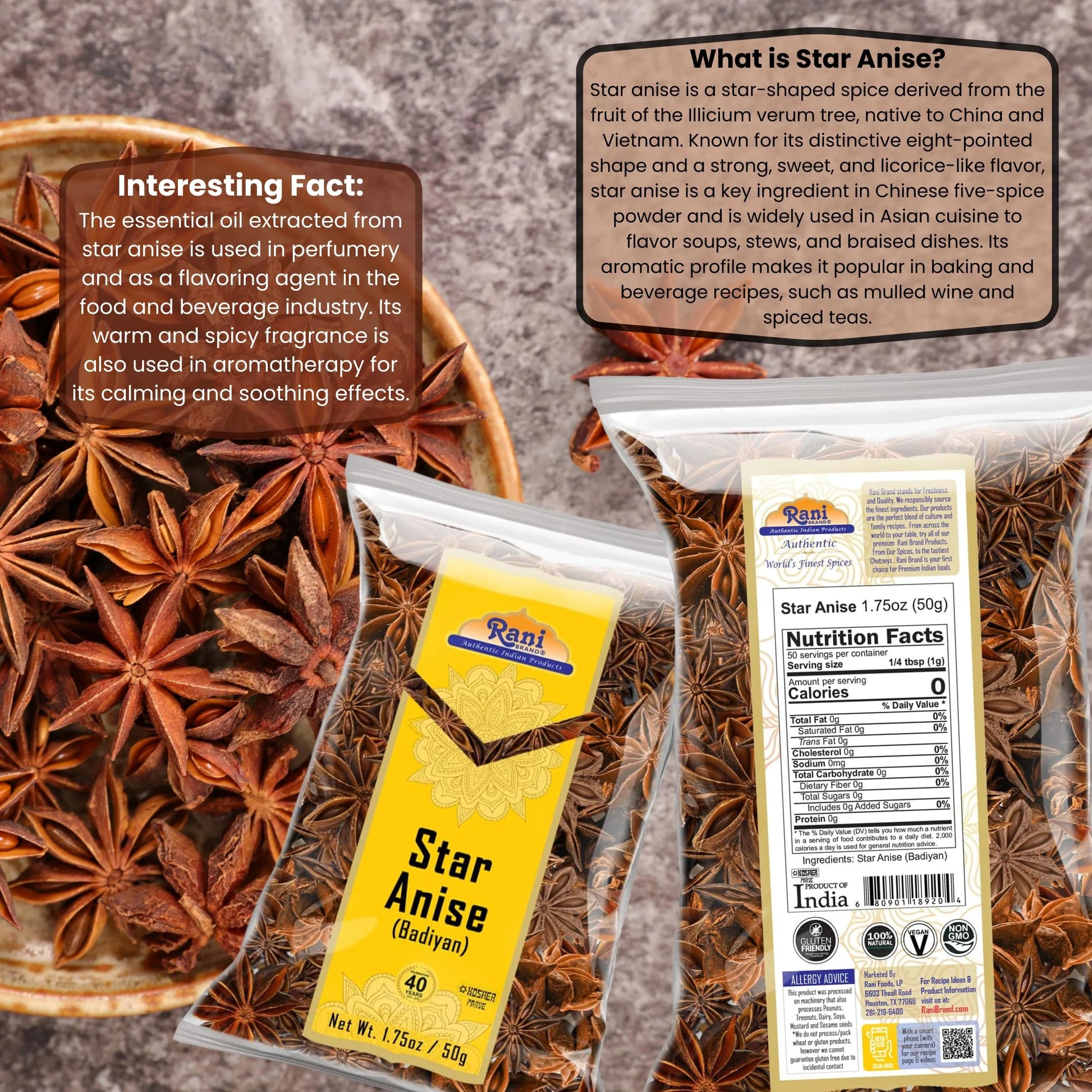 Rani Star Anise Seeds, Whole Pods (Badian Khatai) Spice 1.75Oz (50G) ~ All Natural | Gluten Friendly | NON-GMO | Kosher | Vegan | Indian Origin