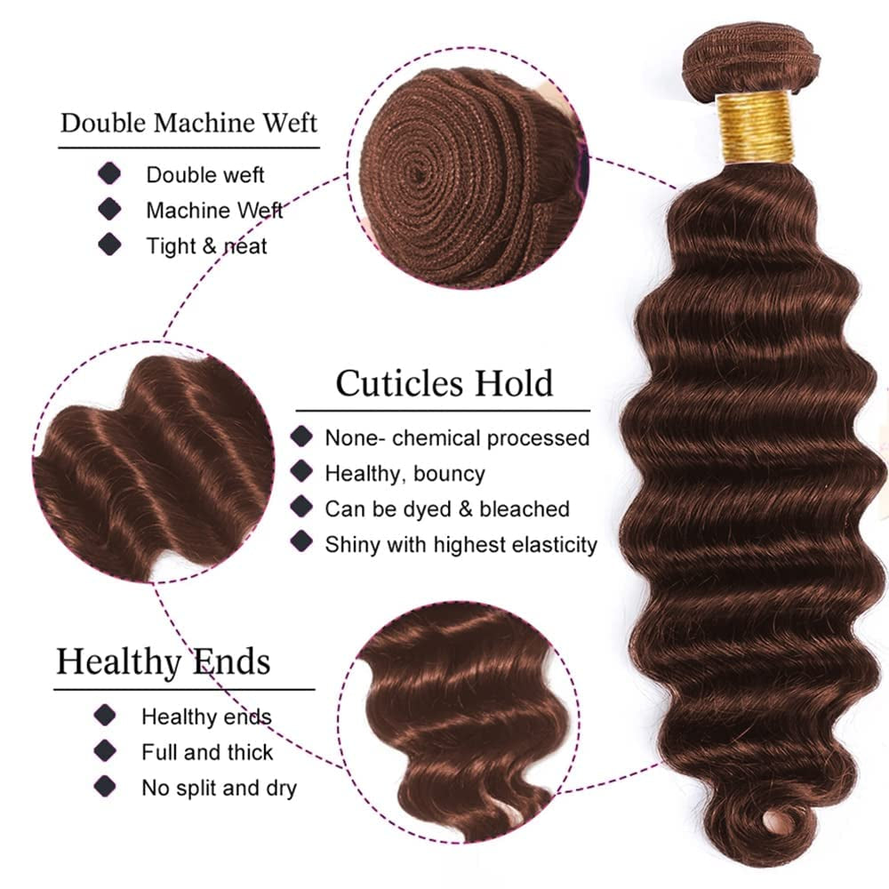 22 24 26 Inch Brown Bundles Light Brown Deep Wave Bundles Human Hair Chocolate Dark Brown Bundles Unprocessed Brazilian Human Hair Extension for Black Women 3 Bundles #4 Bundles