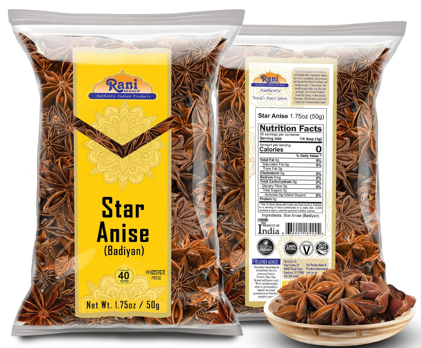 Rani Star Anise Seeds, Whole Pods (Badian Khatai) Spice 1.75Oz (50G) ~ All Natural | Gluten Friendly | NON-GMO | Kosher | Vegan | Indian Origin