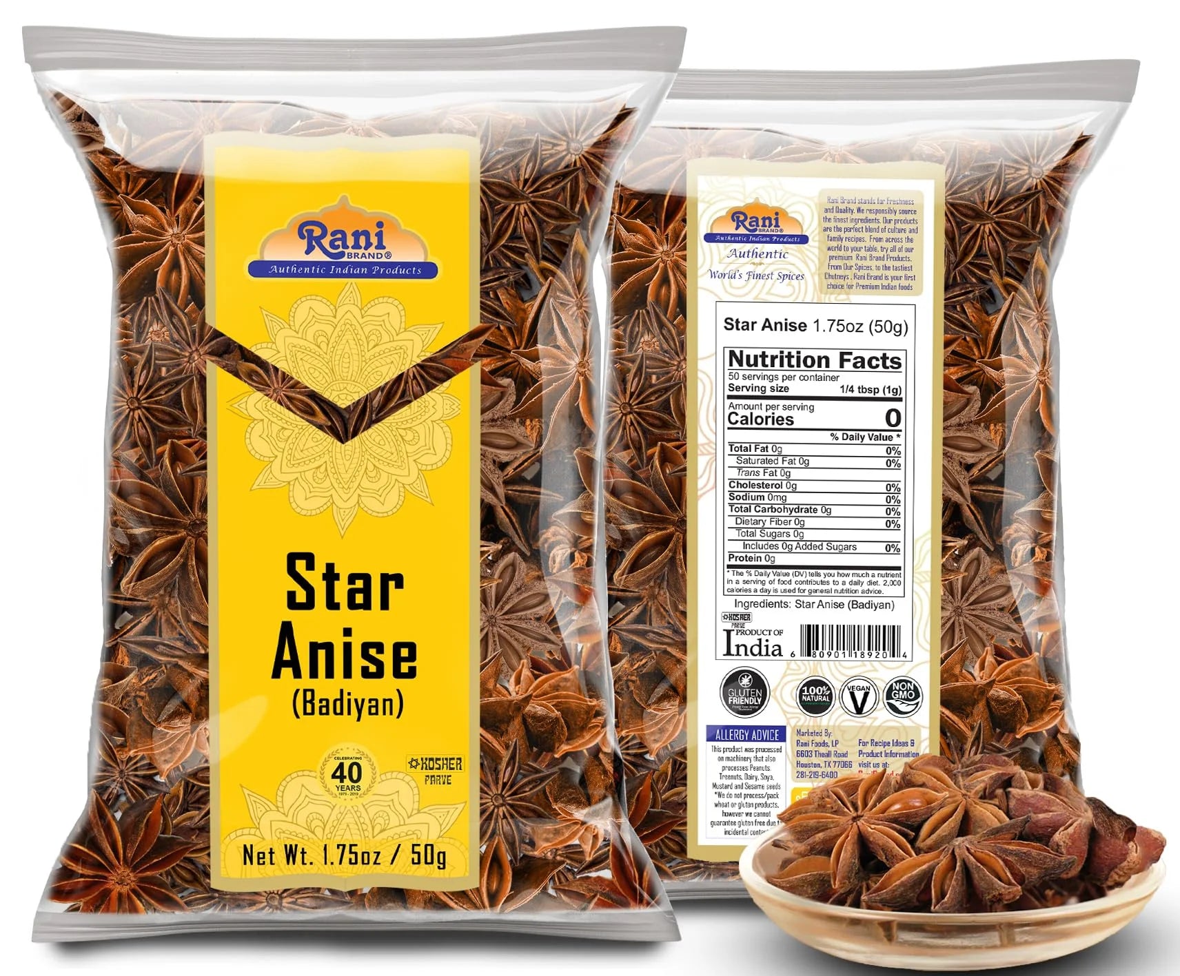 Rani Star Anise Seeds, Whole Pods (Badian Khatai) Spice 1.75Oz (50G) ~ All Natural | Gluten Friendly | NON-GMO | Kosher | Vegan | Indian Origin