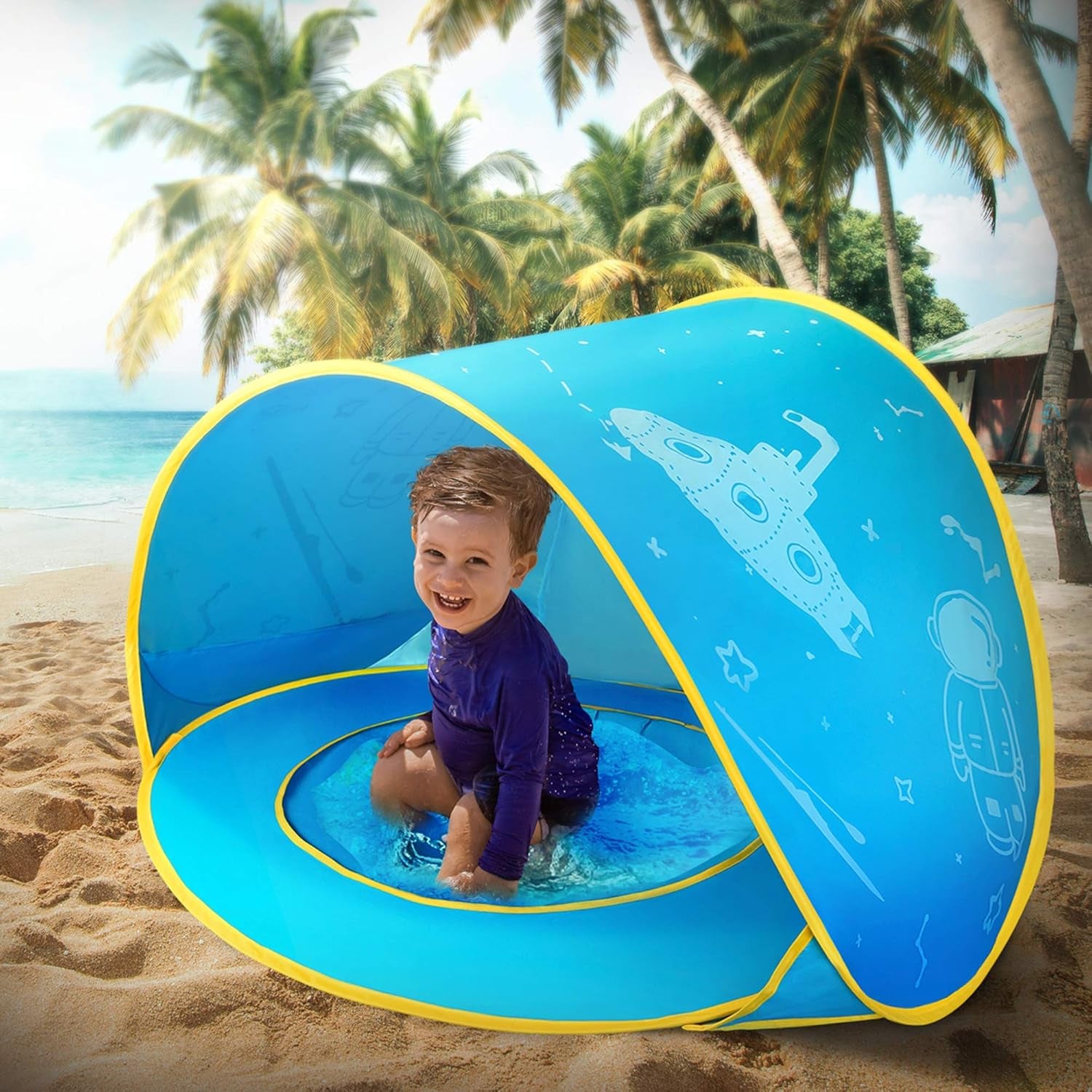 Baby Beach Tent,  Pop up Baby Tent for Beach, UPF 50+ Summer Shade Tent, Sun Baby Beach Umbrella for Infant with Pool, Blue